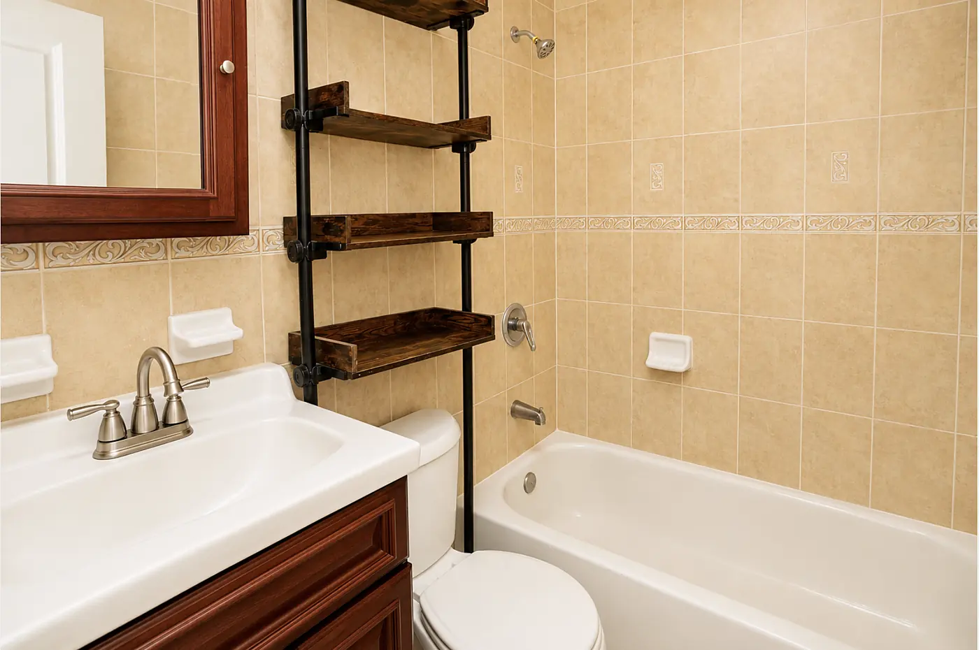 Tiled bathroom with a full tub, vanity and shelving